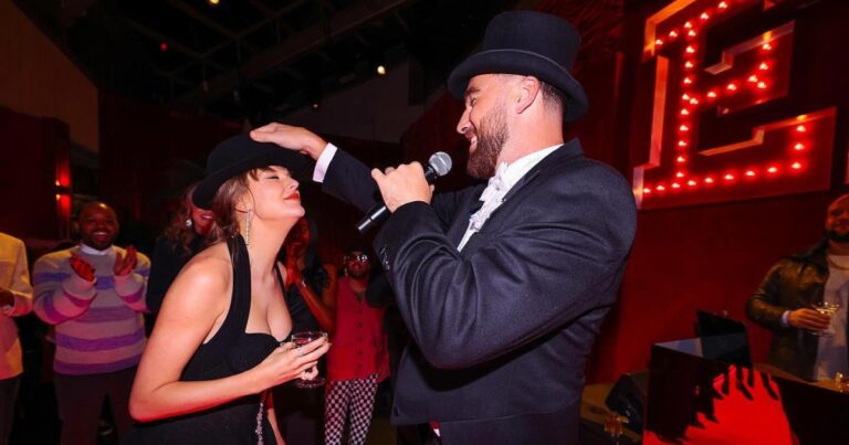 Travis Kelce Adorably Gifts Girlfriend Taylor Swift 22 Hat at Eras Tour Themed Party 489